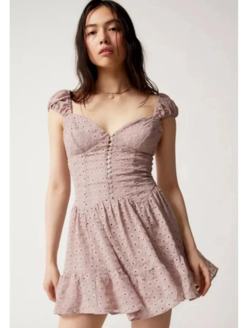 Free People Mauve Eyelet Mini Dress - Picture 2 of 6